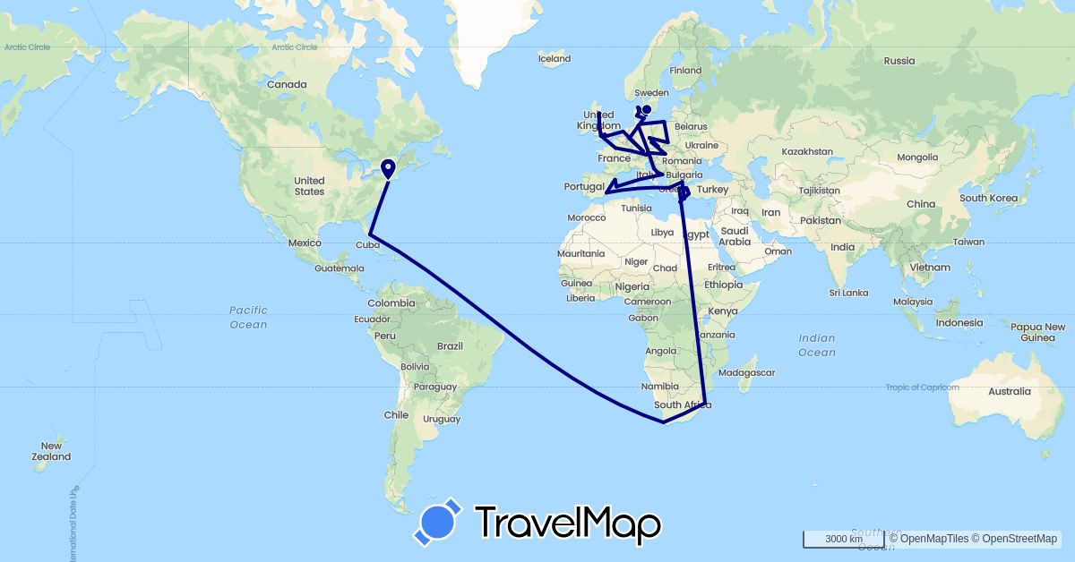 TravelMap itinerary: driving in Austria, Czech Republic, Germany, Denmark, Spain, France, United Kingdom, Greece, Croatia, Hungary, Netherlands, Poland, Sweden, United States, South Africa (Africa, Europe, North America)